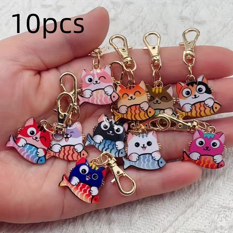 Gaming Accessories Gifts - 10個入り合金製プリント猫キーホルダー、バッグや財布の吊り下げアクセサリーに最適、ギフトに最適です。